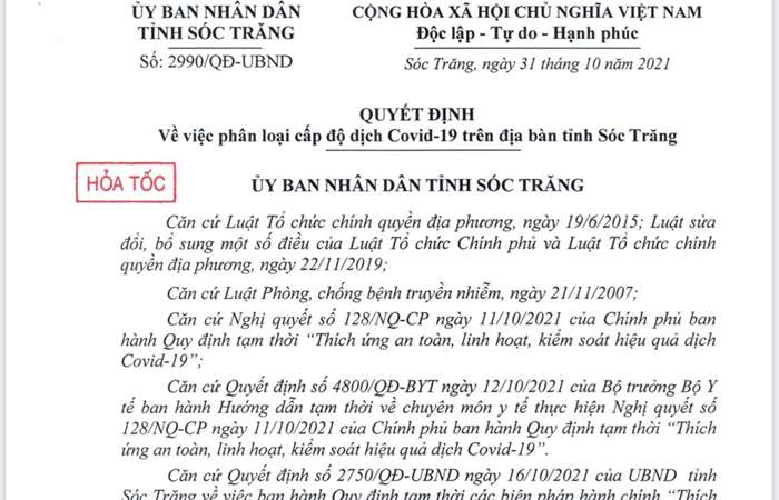 Quyết định số 2990-QĐ-UBND về việc phân loại cấp độ dịch COVID-19 trên địa bàn tỉnh Sóc Trăng