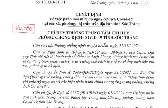 Quyết định về việc Phân loại mức độ nguy cơ dịch COVID-19 tại các xã, phường, thị trấn trên địa bàn tỉnh Sóc Trăng