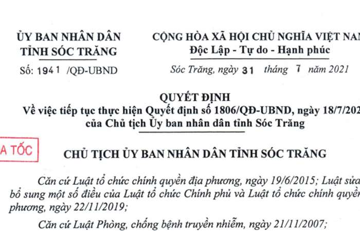 Quyết định về việc tiếp tục thực hiện Quyết định số 1806-QĐ-UBND ngày 18-7-2021 của Chủ tịch UBND tỉnh Sóc Trăng  