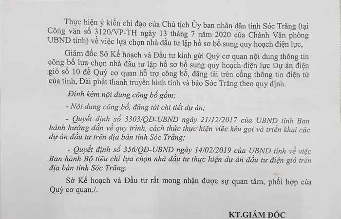 Thông báo: Công bố lựa chọn nhà đầu tư lập hồ sơ bổ sung quy hoạch điện lực